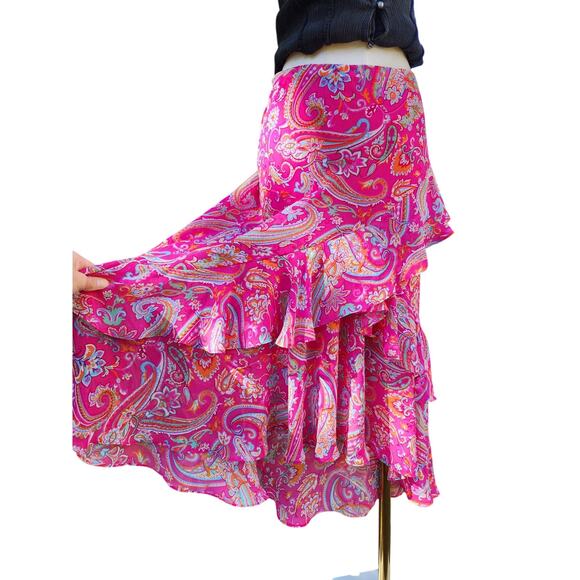 Vtg Y2k Chaps Bright Pink Paisley Asymmetrical Layered Tiered Colorful Skirt M - Picture 3 of 7